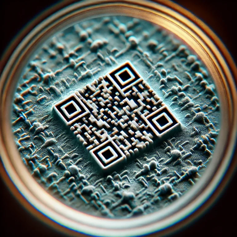 Ini adalah gambar kode QR nano di permukaan logam yang terlihat melalui mikroskop, menggambarkan ukuran mikroskopis dan detail presisi tinggi yang ada pada kode QR terkecil ini