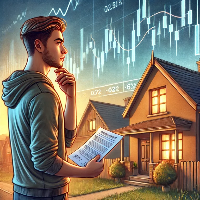 DALL·E 2024-11-14 18.57.01 - An illustration of a young adult standing in front of a house, with a thoughtful expression, holding a document that represents a mortgage agreement.