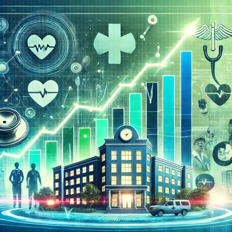 DALL·E 2024-11-14 19.28.43 - A vibrant financial scene illustrating growth in the health sector. The image shows upward-trending stock charts and symbols representing hospitals, m