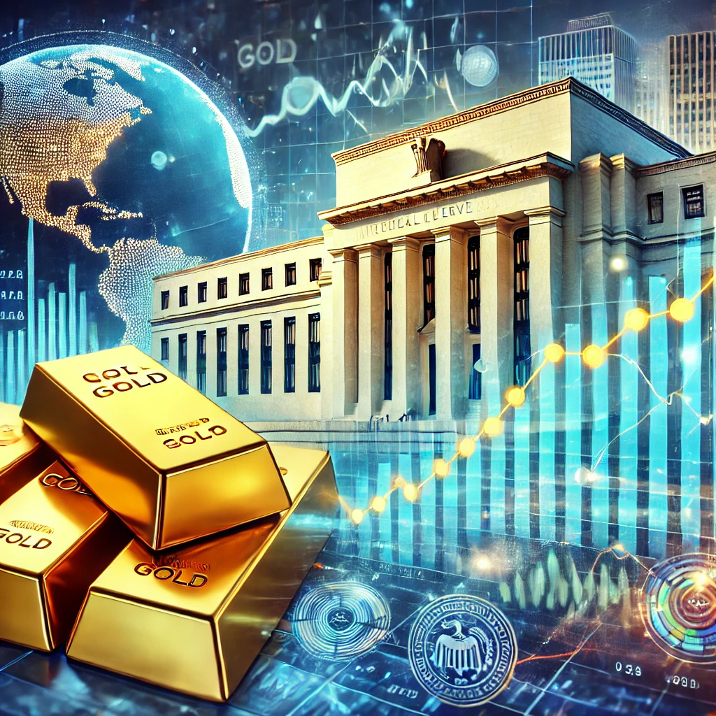 DALL·E 2024-11-15 20.07.54 - A financial illustration showcasing gold bars, a fluctuating graph representing gold prices, and the Federal Reserve building in the background. The s