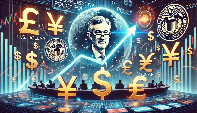 DALL·E 2024-11-15 20.23.14 - A digital illustration showcasing global currency fluctuations, with a strong U.S. dollar symbolized by a rising graph and glowing dollar signs, surro